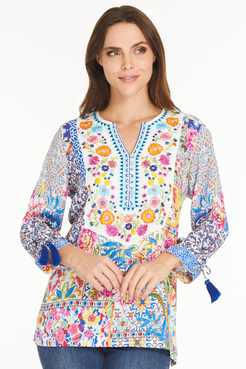 Floral Tunic with Cinch Tie Sleeves - Floral Multi