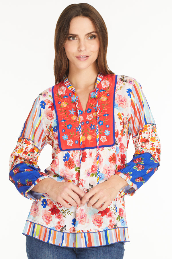 Mixed Print Embroidered Tunic - Floral Multi